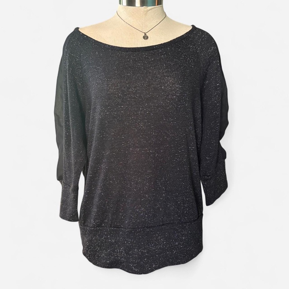 Black Scoop Neck Sparkle Shimmer Top Mesh Sleeves 3/4 Inch Women’s Size XL